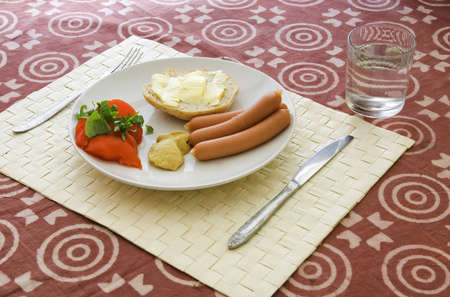 Food on a plate on table with mat, cutlery and table clothの写真素材