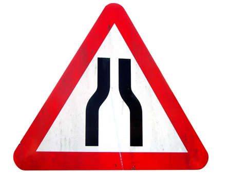British road sign indicating narrowing of the road aheadの写真素材