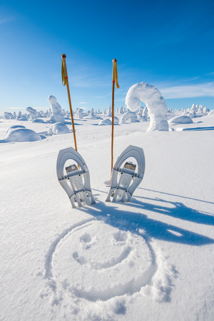 Snow shoes in fell on sunny dayの写真素材