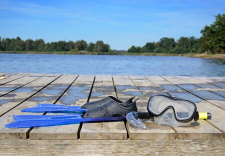 Easy diving set on a wooden bridge の写真素材