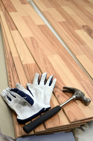 Carpenter tools on new panels floor の写真素材
