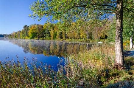 Beautiful Swedish lake landscape in autumn colors の写真素材
