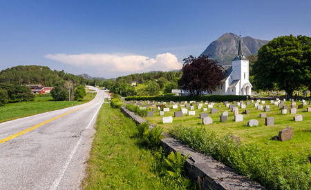 Norwegian church in beautiful natural sceneryの写真素材