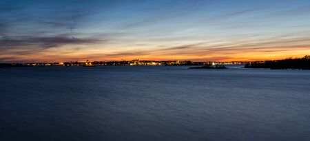 Night panorama of Karlskrona city sea coastの写真素材