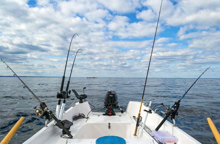 Salmon Baltic sea fishing from small boatの写真素材