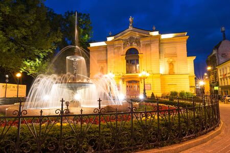 Night view on the theater with glowy fountain in BielskoBialaのeditorial素材