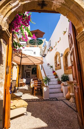 Entry to Tefany's coffee bar in Lindos, in September 05,2015 on Rhodesのeditorial素材