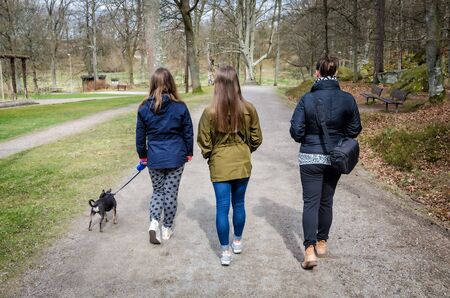 Mother with daughters and dog walking in the spring parkの写真素材