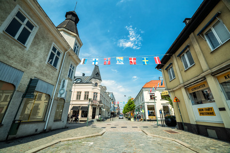 KARLSHAMN, SWEDEN - MAY 23, 2016: Spring street view in May 23, 2016 in Karlshamn, Sweden. Karlshamn is the port city in the Blekinge province, build in XVIl century, population 20000 residents.のeditorial素材