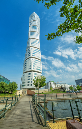 MALMO, SWEDEN - MAY 29, 2016: Turning Torso facade on May 29, Sweden. Turning Torso is a deconstructivist skyscraper designed by the Spanish architect Santiago Calatrava - southern vertical viewのeditorial素材