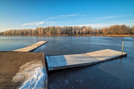 Swedish wooden bridges in November sceneryの写真素材