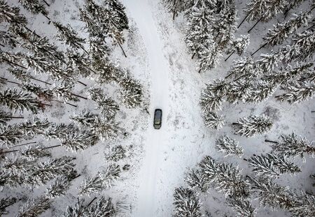 Aerial forest scenery with the car - winter seasonの写真素材