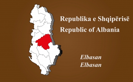 Albania map in 3D on brown background  Elbasan highlighted のイラスト素材