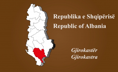 Albania map in 3D on brown background  Gjirokastra highlighted のイラスト素材