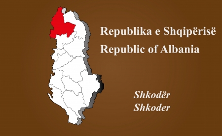 Albania map in 3D on brown background  Shkoder highlighted のイラスト素材