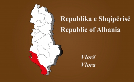 Albania map in 3D on brown background  Vlora highlighted のイラスト素材