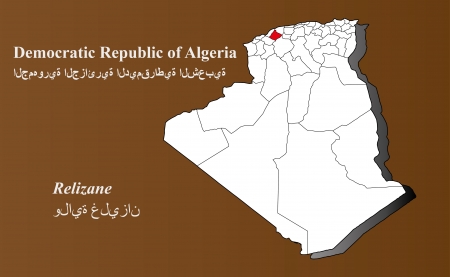 Algeria map in 3D on brown background  Relizane highlightedの素材 [FY31021318979]