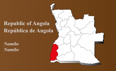 Angola map in 3D on brown background  Namibe highlighted のイラスト素材