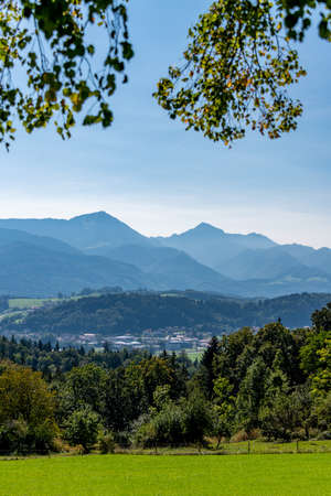 Chiemgau Alps and Siegsdorf on a sunny summer dayの写真素材