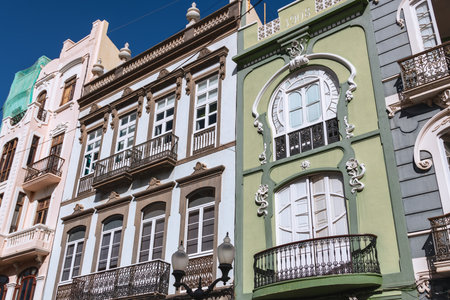 Neoclassicism And Art Nouveau Facades In The Triana Quarter Of Las Palmas De Gran Canariaの写真素材