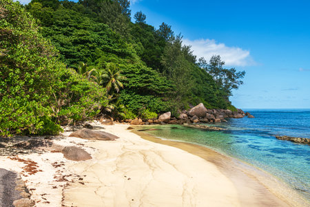Beautiful Idyllic Beach At Anse Consolation On The South Coast Of Praslin Island, Seychellesの写真素材