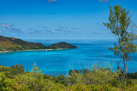View Over Curieuse Marine National Park From Praslin Island, Seychellesの写真素材