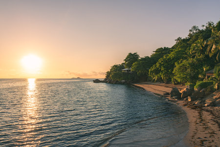 Romantic Sunset At The Bay - Lakes On Praslin Island, Seychelles