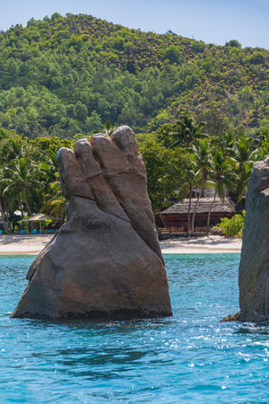 Passing Foot-shaped Rock At Petite Anse Kerlan On Our Boat Trip To Curieuse Islandの写真素材