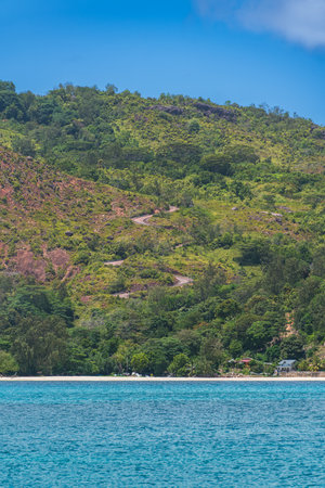 The Winding Road To Mount On Praslin - Seen From Curieuse Island, Seychellesの写真素材