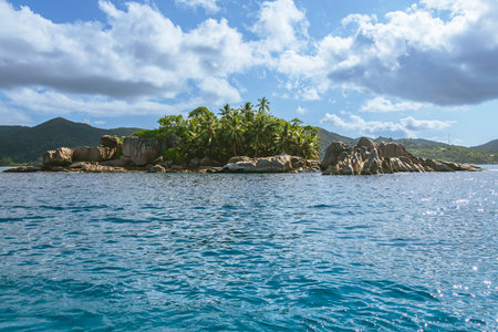 Bizarre Granite Boulders And Some Palms At The Small Island St. Pierre, Seychellesの写真素材