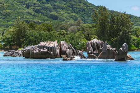 Beautiful Granite Boulders And Rainforest On La Digue Island, Seychellesの写真素材