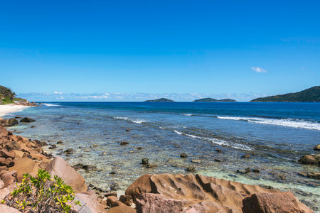 View From La Digue To The Islands Of Felicite, Petite Soeur And Gran Soeurの写真素材