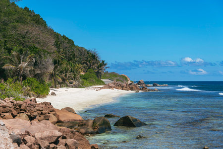 Beautiful Beach Scenery At Anse Fourmis On La Digue Island, Seychellesの写真素材