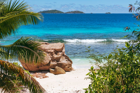 At The Beach Of Anse Gaulette With A Beautiful View To Grand Soeurの写真素材