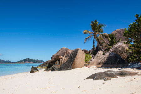Amazing Postcard Idyll At The Beach Of Anse Source d'Argent On La Digue Island, Seychellesの写真素材