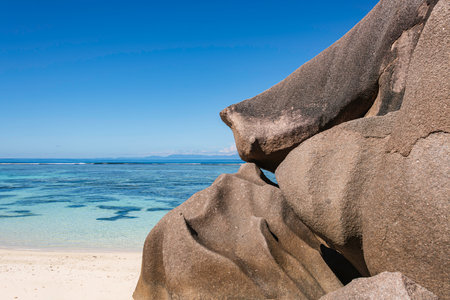 Sea, Beach And Rocks - A Typical Scenery At Anse Source d'Argent On La Digue Island, Seychellesの写真素材