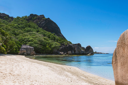 A Beautiful Quiet Bay For Swimming And Snorkeling At Anse Source d'Argent On La Digue Island, Seychellesの写真素材