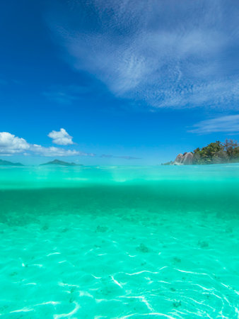 Snorkeling In The Lagoon At Famous Anse Source d'Argent On La Digue Island, Seychellesの写真素材