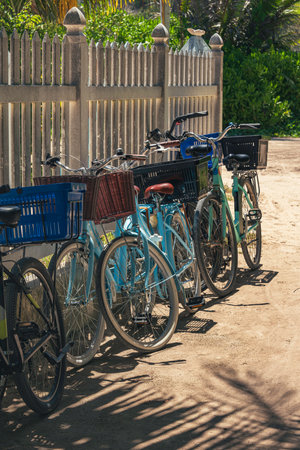 Bicycles Parking At The Restaurant Close To Grande Anse On La Digue Island, Seychellesの写真素材