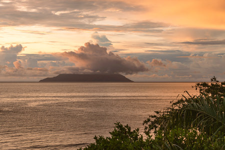 Clouds Envelop The Mountains On Silhouette Island At The Evening - Seen From Mahe, Seychellesの写真素材