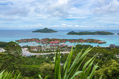 View Over Artificial Eden Island And The Natural Island Of Cerf And Saint-Anne From La Misere Viewpoint On Mahe Island, Seychellesの写真素材
