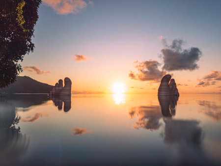 Sitting In The Pool And Watching The Beautiful Sunset - Close To Beau Vallon On Mahe Island, Seychellesの写真素材