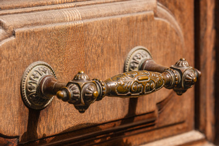 Beautiful Vintage Brass Handle At An Old Door - Lakes In Montepulciano, Tuscanyの写真素材