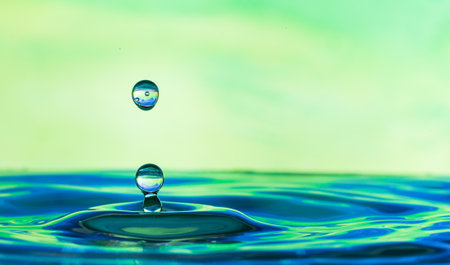 blue water droplets with a green background