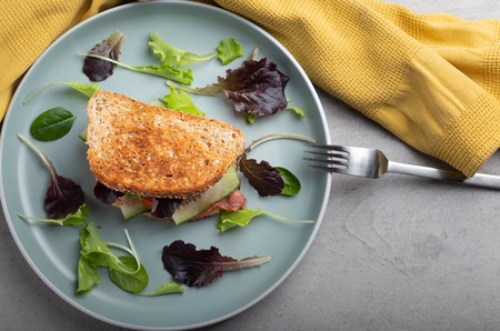 Homemade toast with bacon,cheese tomatoes and salad on a plate