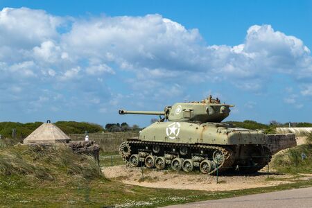 Utah beach, France - May 5, 2019: Sherman tanks at Utah beach in Normandy France.のeditorial素材