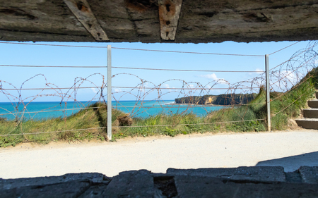 View from a German bunker at pointe du hoc normandie Franceの写真素材