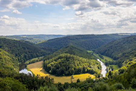 Old forest in the Belgian Ardennes, with a view of Tombeau du geant in the region of Bouillon during summer time.の写真素材