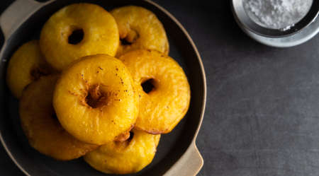 Homemade desert apple fritters made with organic ingredients. Top view.の写真素材