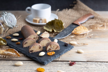 Homemade marzipan with almonds, raisins and chocolate.の写真素材